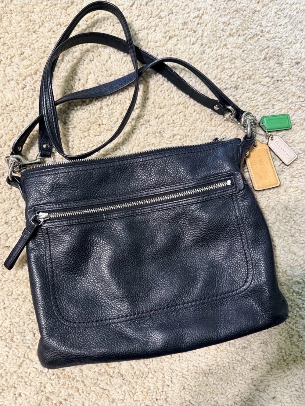 Coach Black Leather Shoulder Bag Crossbody Blue Lining Zip Pocket 22421